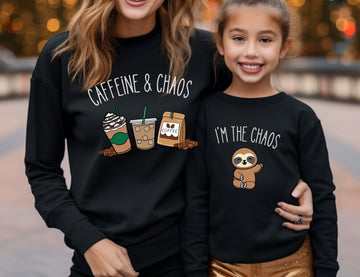 Caffeine and Chaos Mom and Child Matching Sweatshirts, Mom and Me Matching, Family Matching Christmas, Mom and Child, Cute Gift Idea Wife